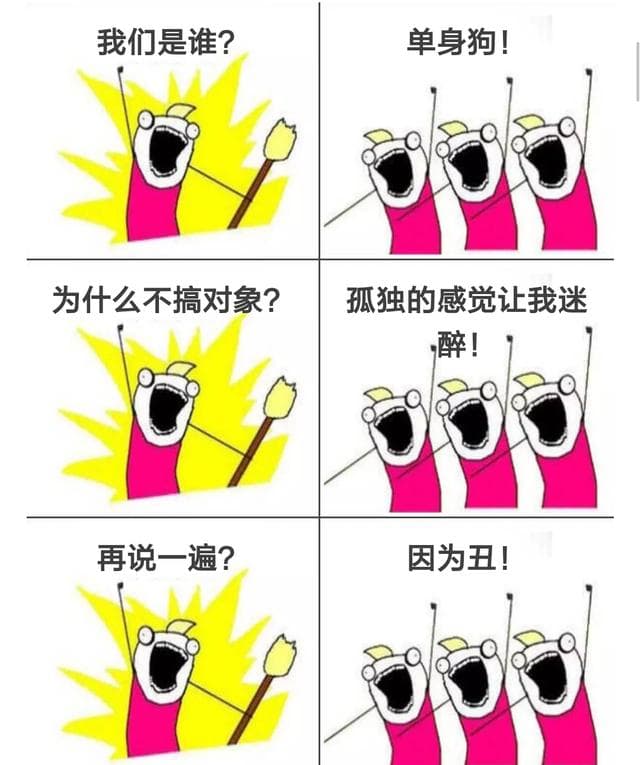 我们是谁？单身狗！为什么不搞对象？孤独的感觉让我迷醉！再说一遍？因为丑！