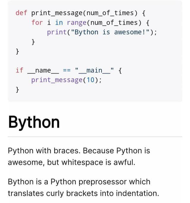 Bython: The Forbidden Love Child Of Python And Curly Braces