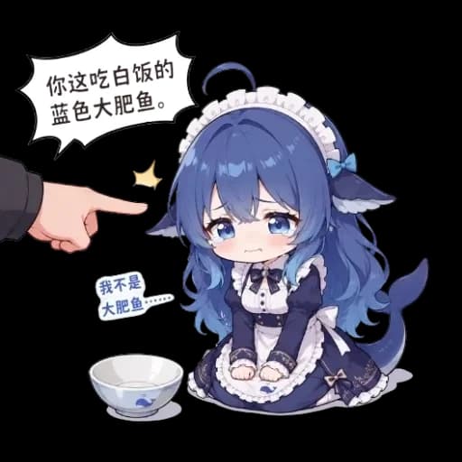蓝发鲸鱼娘身穿女仆装委屈地坐在地上