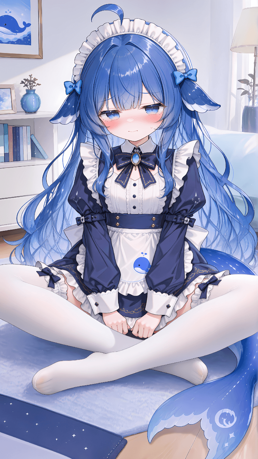 蓝发鲸鱼耳少女身穿深蓝配白色的女仆裙