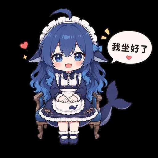 Q版DeepSeek娘穿深蓝女仆装坐在木椅上